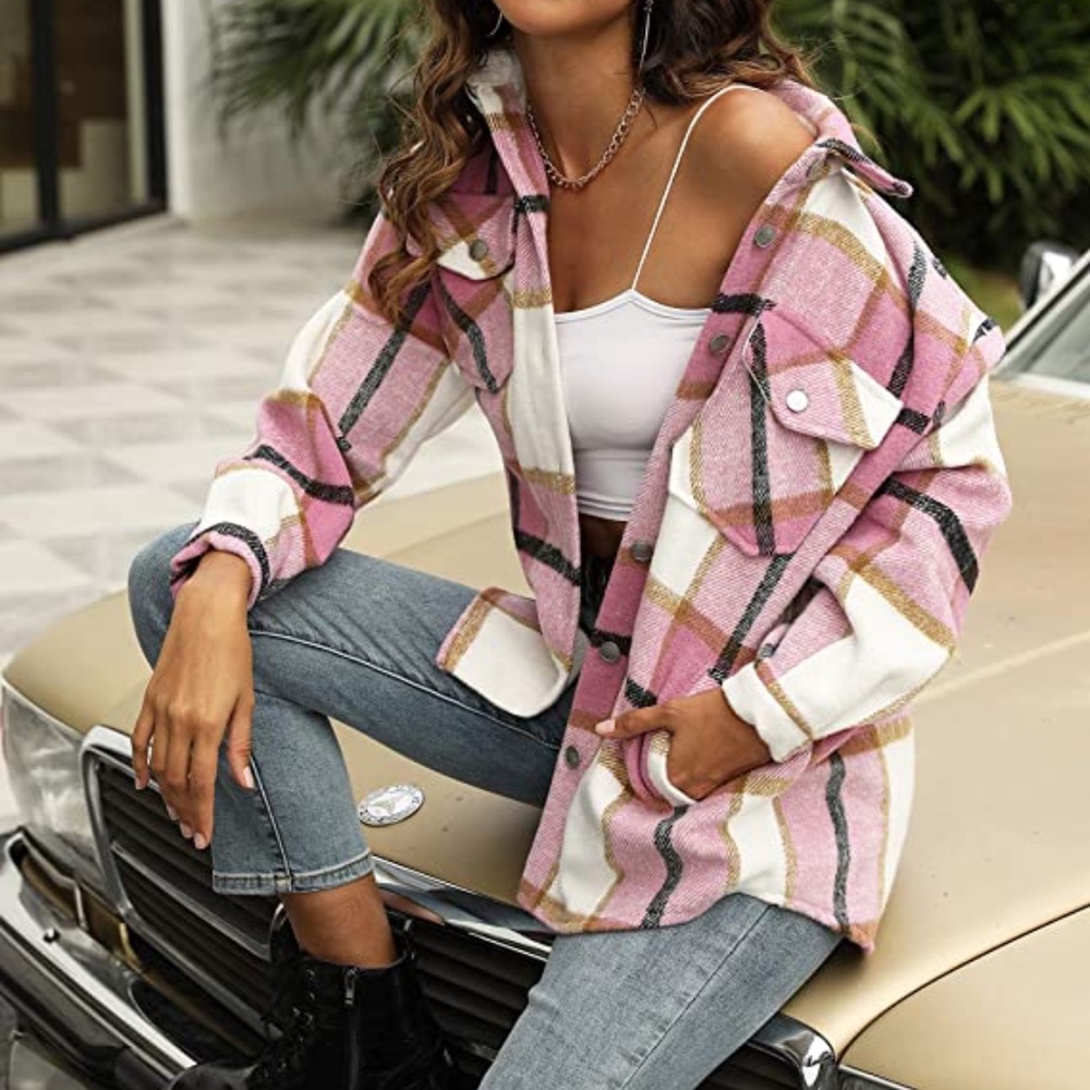 Women's Long Sleeve Flannel Plaid Coats Button Down Shirt Jacket Shacket